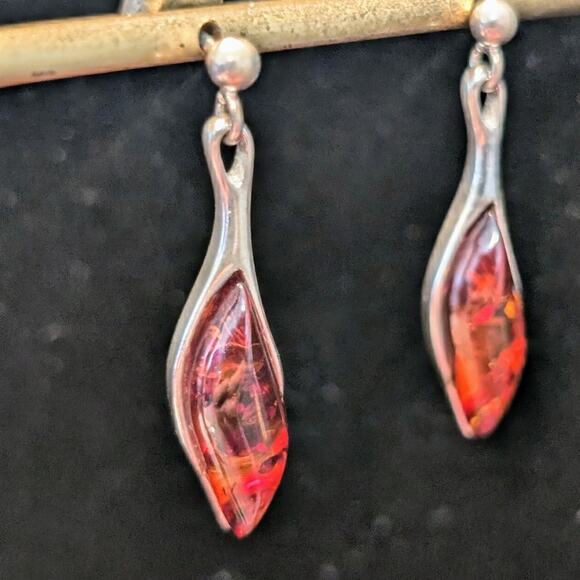 Vintage Marked 925 Sterling Silver Baltic Amber Post Dangle Earrings - Picture 2 of 8